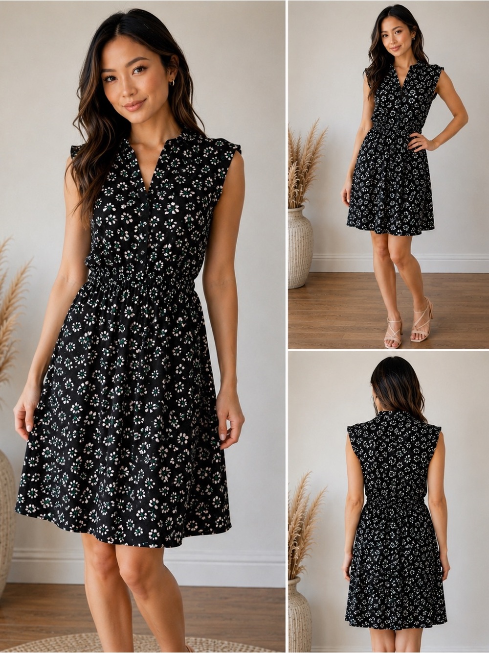 JACOB Cherry Print Fit & Flare Dress XS Black White Knee Length